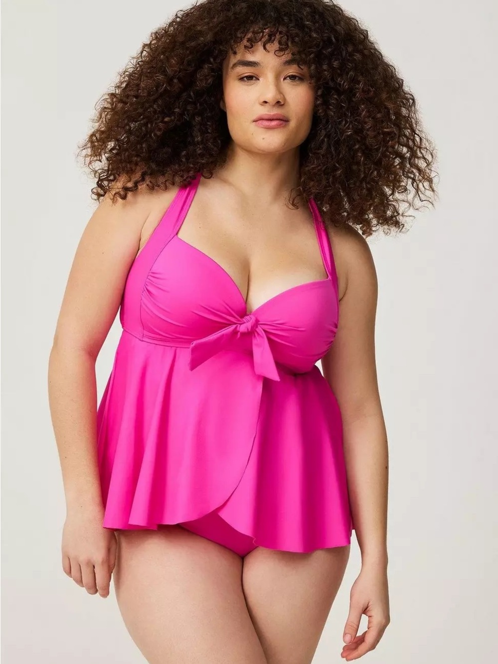 Torrid Azalea Pink Wireless Babydoll Tankini Women's 2X DD/F Tie Front Swim Top